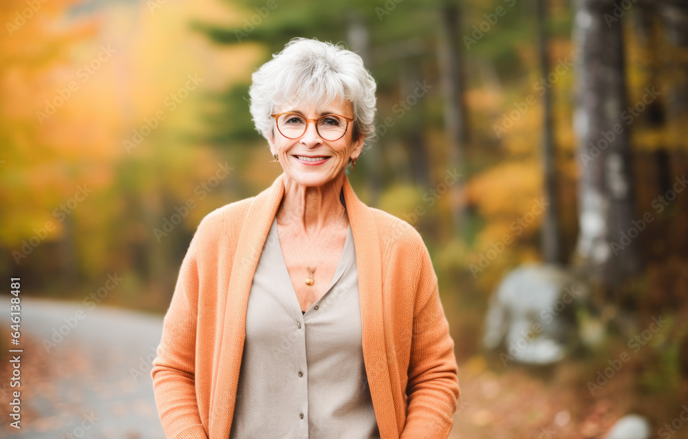 Portrait in the forest of a pleased 70 years old woman. Joyful woman in an outdoor fall scenery having fun at the autumn season. Portrait in the forest of a pleased 70 years old woman. Joyful woman in an outdoor fall scenery having fun at the autumn season.