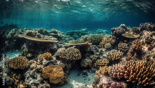 Exploring the vibrant underwater world reef, fish, and coral generated by AI