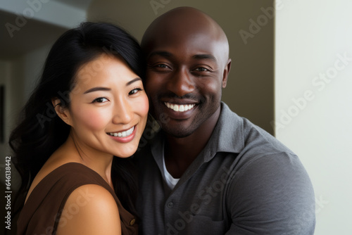 Portrait of a happy mixed couple with a black african man and asian chinese woman