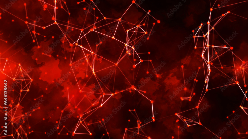 Red plexus cloudy flashy particle form, futuristic neon graphic Background, energy 3d abstract art element illustration, technology artificial intelligence, shape theme wallpaper - obrazy, fototapety, plakaty 