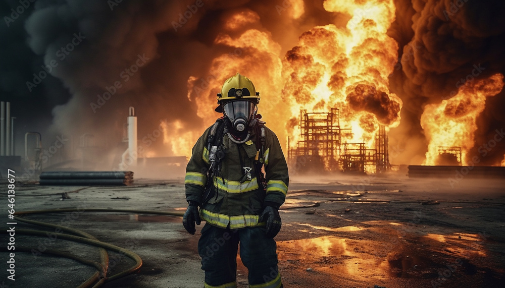 Firefighter in protective gear extinguishing inferno at built structure outdoors generated by AI