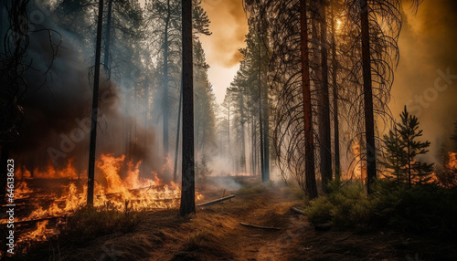 Burning pine tree illuminates dark forest in fiery inferno generated by AI © Stockgiu