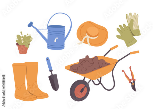 Garden items isolated set for backyard flowerbed care, planting work in orchard or agricultural farm