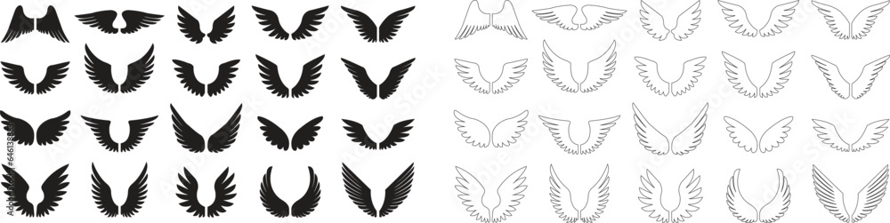Wings with long feather icon in line and flat set. isolated on transparent background. Angel or bird Heraldic vintage army insignia emblem phoenix hawk. Flying winged frame. vector logotype apps web - obrazy, fototapety, plakaty 
