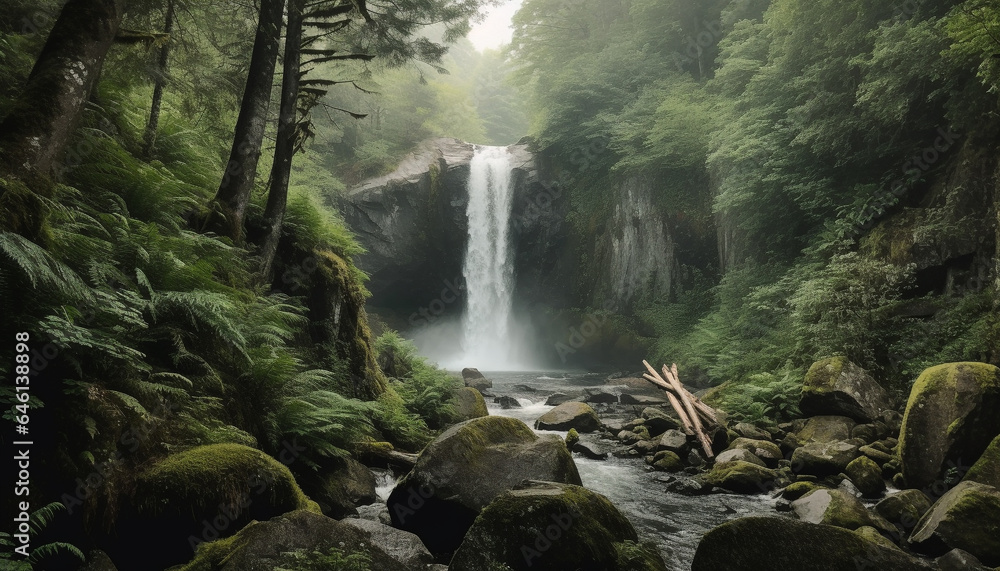 Tranquil scene of a mountain ravine with flowing water and green foliage generated by AI Tranquil scene of a mountain ravine with flowing water and green foliage generated by AI