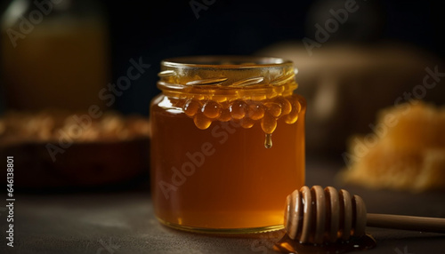 Organic honey pouring from jar onto wooden table, sweet refreshment generated by AI