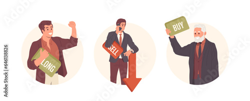 Isolated set of round avatar icon composition with happy successful male trader, investor or broker