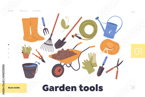 Landing page online service offering variety in assortment of garden tools for work in orchard