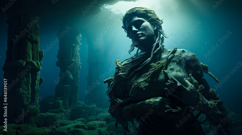 Fototapeta premium Broken statue under the sea, ruins from a lost civilization. Shallow field of view.