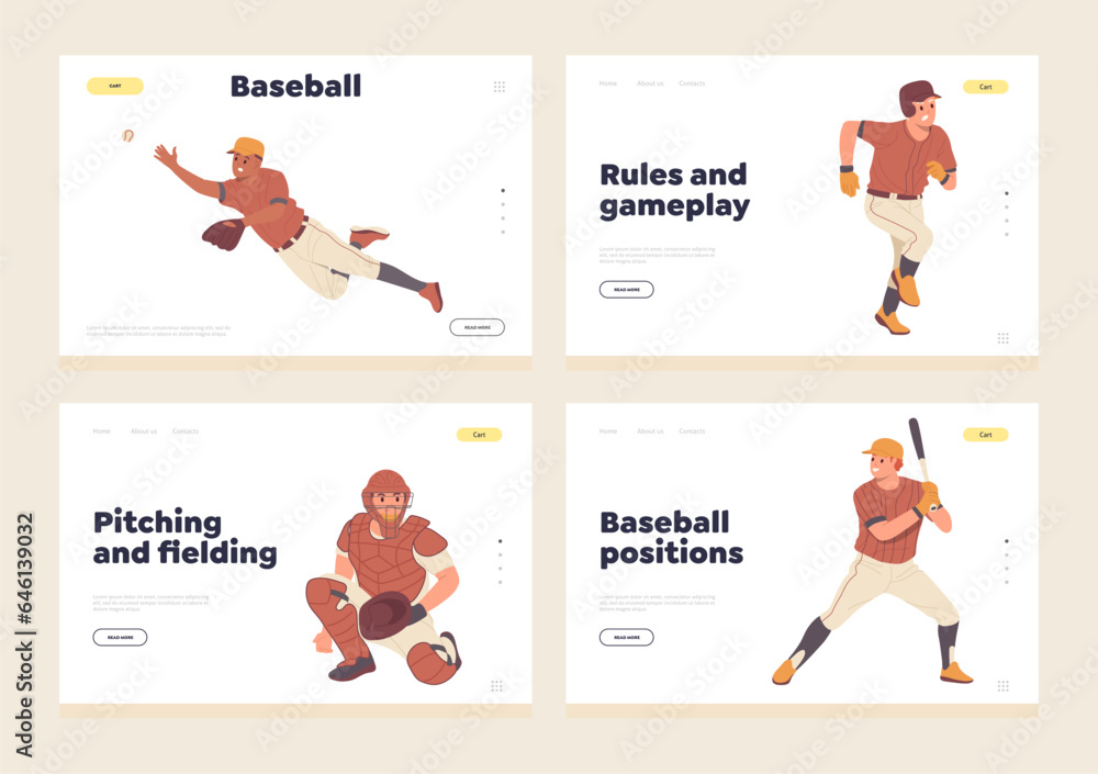 Isolated set of baseball landing page design template with different sportsman player in uniform