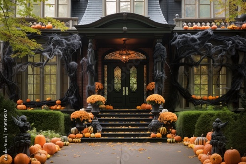 Orange pumpkin and flowers - Halloween decor in front of doorstep
