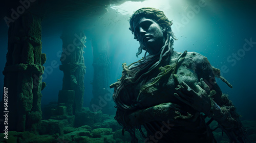 Broken statue under the sea, ruins from a lost civilization. Shallow field of view. © henjon
