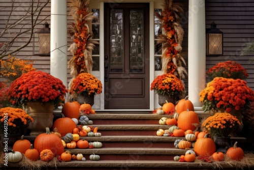 Orange pumpkin and flowers - autumn decor in front of doorstep