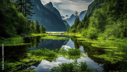 Tranquil mountain landscape reflects natural beauty of wilderness in summer generated by AI