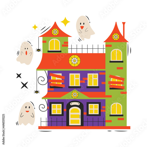 Set of cartoon Halloween elements. Old scary house with spiders and ghosts.
