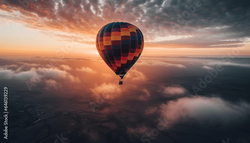 Multi colored hot air balloon levitates high above nature beauty generated by AI © Stockgiu