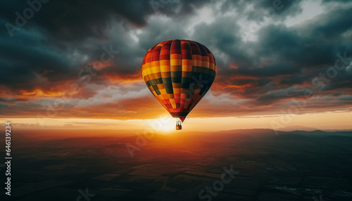 Hot air balloon flying high up in mountain landscape adventure generated by AI © Stockgiu