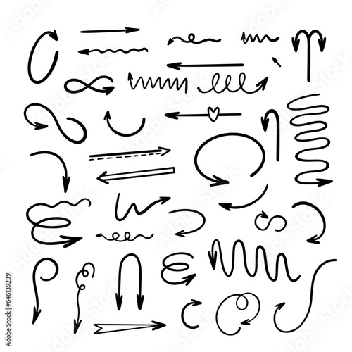 Arrows set simple hand drawn vector illustration, free form sign pointing different directions