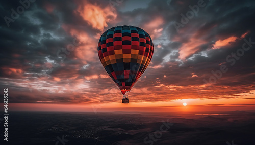 Multi colored hot air balloon flying high up in vibrant sky generated by AI © Stockgiu