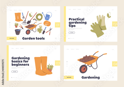 Isolated set of landing page design template with gardening tool and supply, tips and advice