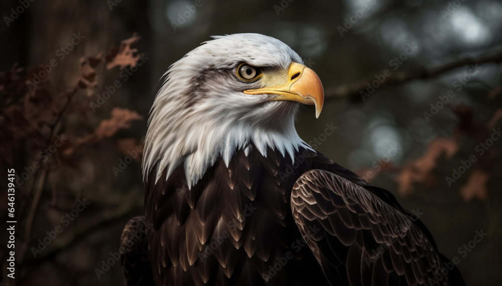 Majestic bird of prey perching on branch, symbol of freedom generated by AI Majestic bird of prey perching on branch, symbol of freedom generated by AI