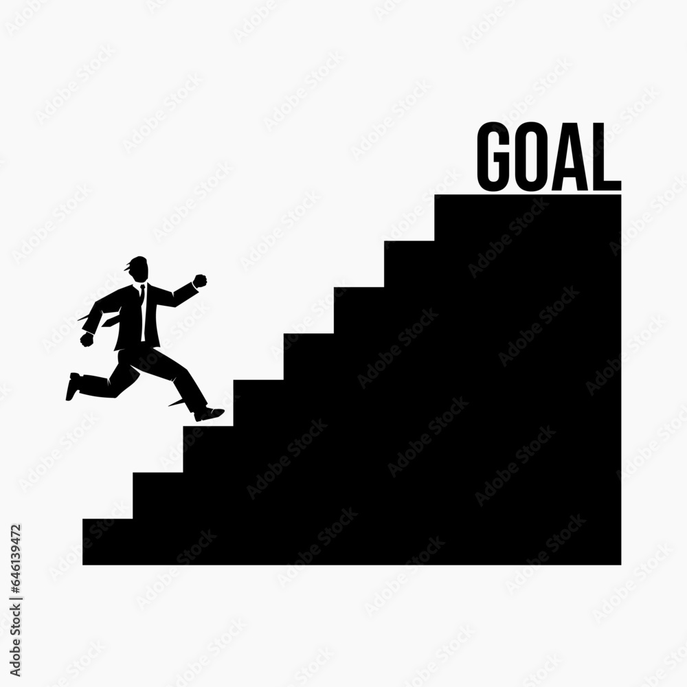 A man runs up the stairs to reach his goal.  Illustration of a businessman working hard to achieve success.