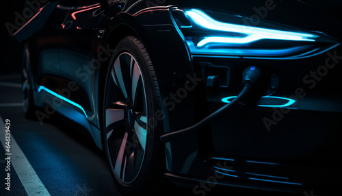 Shiny sports car driving at night with illuminated blue headlights generated by AI