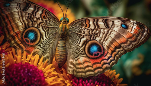 Vibrant butterfly wing showcases natural beauty in multi colored pattern generated by AI