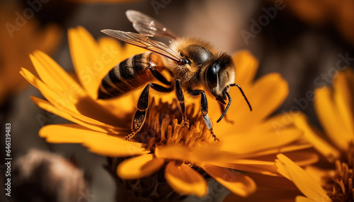 Busy bee pollinates yellow flower in macro close up generated by AI