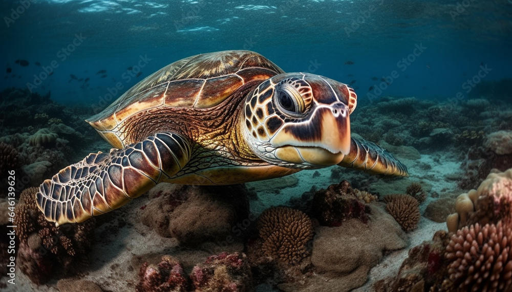 Fototapeta premium Deep sea diving with majestic sea turtles in tropical coral reef generated by AI