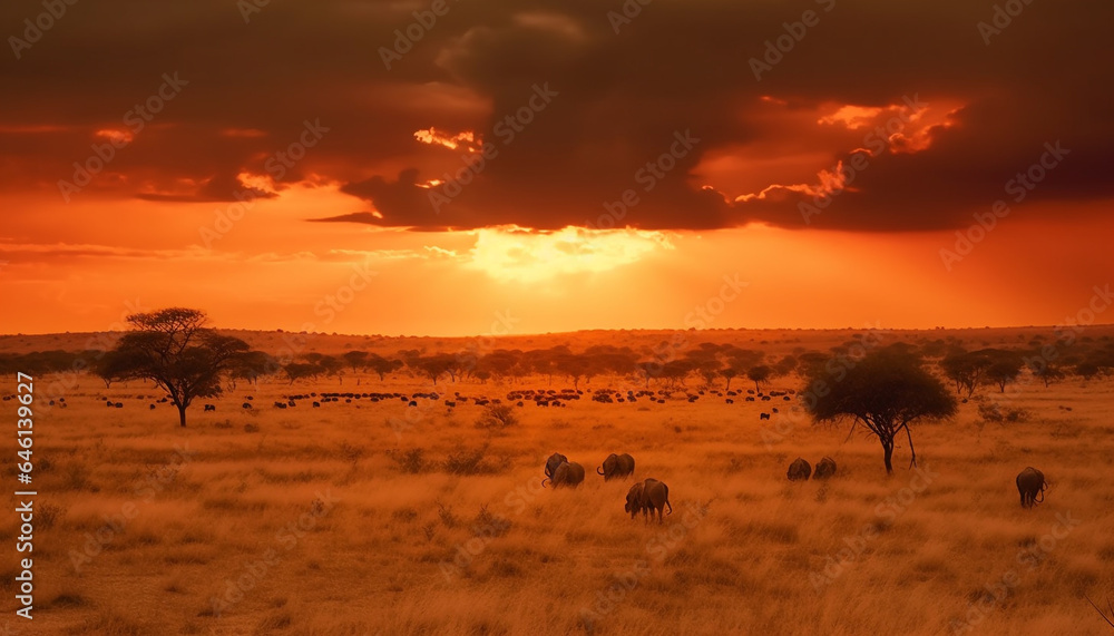 African savannah animals graze in tranquil backlit wilderness meadow generated by AI African savannah animals graze in tranquil backlit wilderness meadow generated by AI