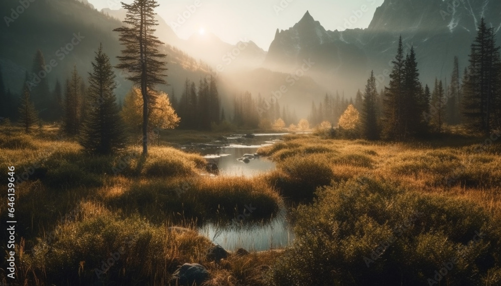 Majestic mountain range reflects tranquil autumn beauty in nature generated by AI