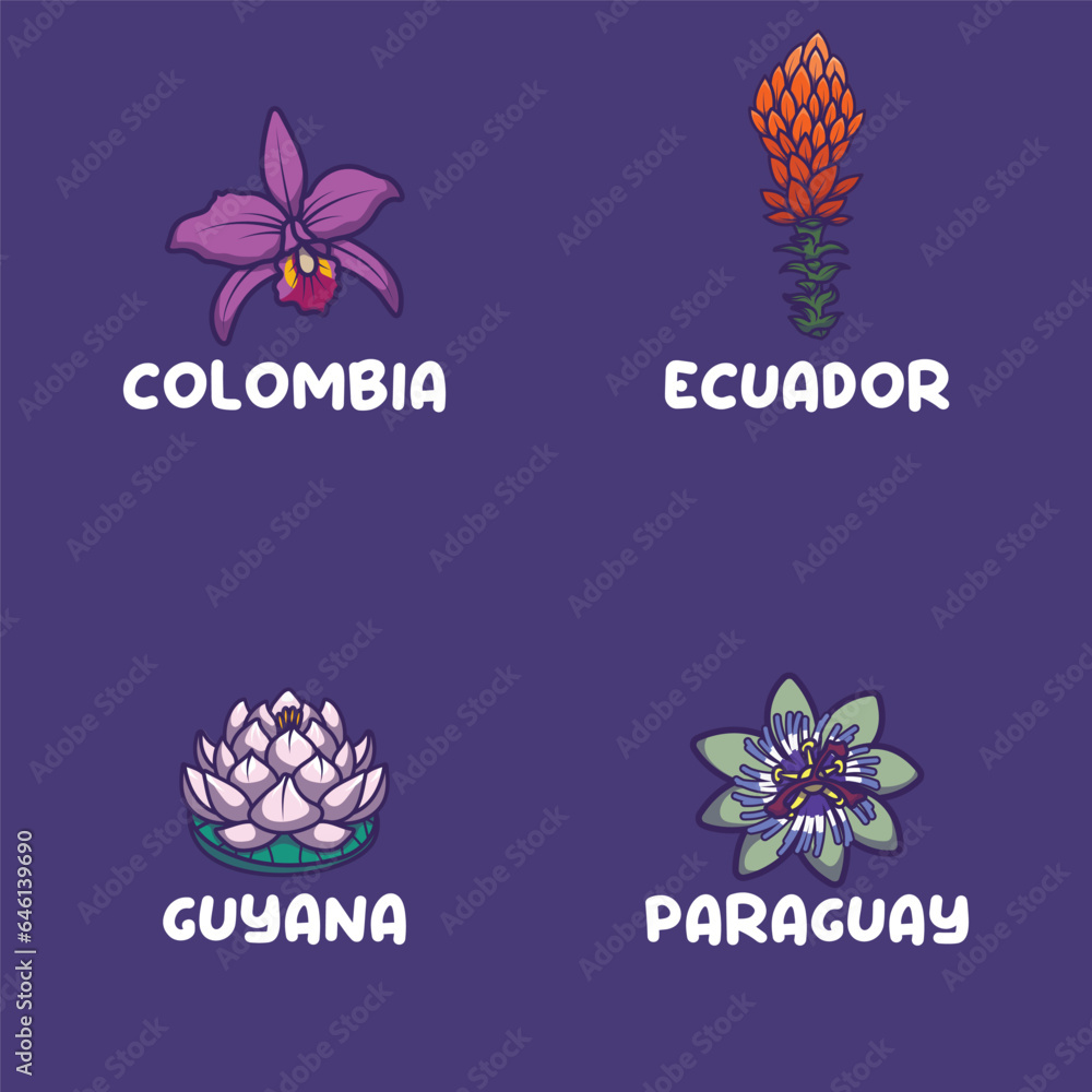 South America national flowers for Colombia, Ecuador, Guyana, Paraguay