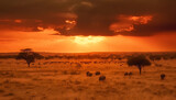 African savannah animals graze in tranquil backlit wilderness meadow generated by AI