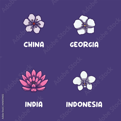 Asian national flowers for China, Georgia, India, Indonesia