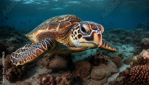 Deep sea diving with majestic sea turtles in tropical coral reef generated by AI
