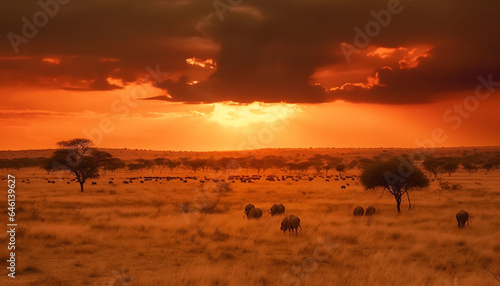 African savannah animals graze in tranquil backlit wilderness meadow generated by AI