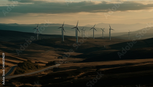 Silhouette of wind turbines spinning in a row on mountain range generated by AI