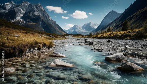 Tranquil scene of majestic mountain peak reflected in flowing water generated by AI