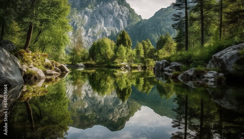 Tranquil scene of natural beauty Majestic mountain range reflected in pond generated by AI