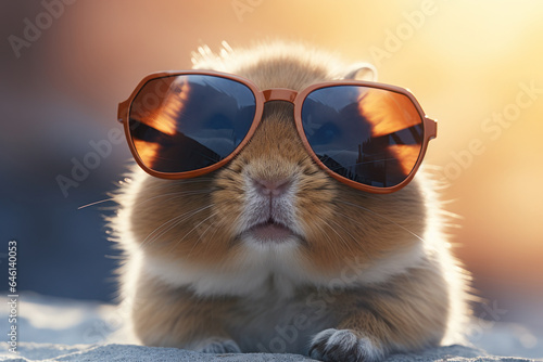 Hamster in sunglasses in the sand. AI generative.