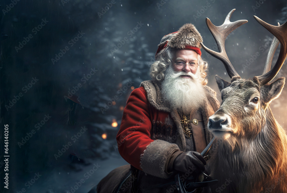 Santa Clause and his magic reindeer. Celebration holidays postcard with copy space.