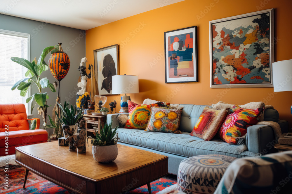 Obraz premium A Vibrant and Cozy Living Room Oasis with Eclectic Style, Bursting with Colorful Patterns and Unique Decor