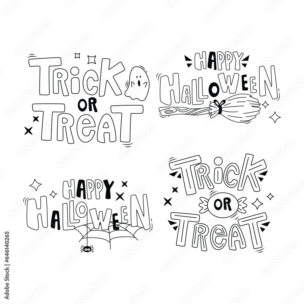 Set of cartoon Halloween elements and lettering. Happy Halloween. Trick or treat. Line art. Set of cartoon Halloween elements and lettering. Happy Halloween. Trick or treat. Line art.