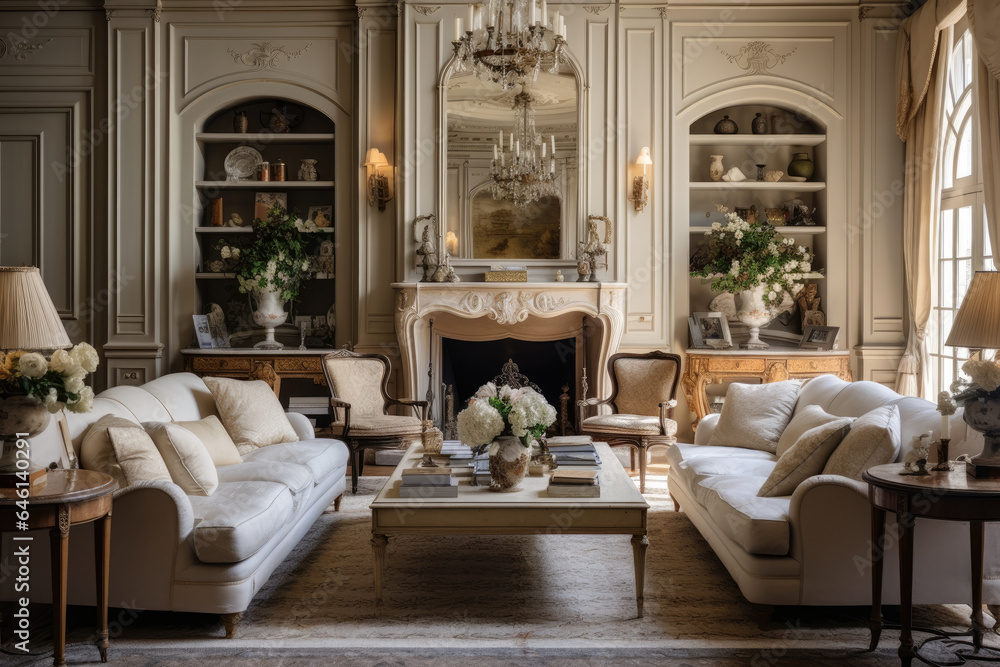 Elegant French Provincial Living Room Interior with Vintage Charm and Timeless Beauty