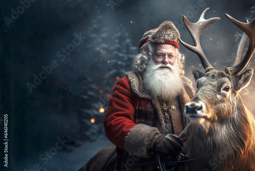Santa Clause and his magic reindeer. Celebration holidays postcard with copy space.