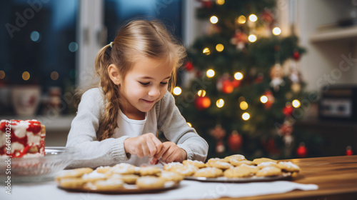 Cute little girl making cookies in front of Christmas tree at home