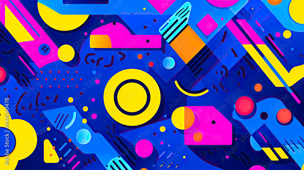 Fototapeta premium Colorful 90s art collage with bold abstract shapes and colors. For wall art, covers, interior decoration, and backgrounds.