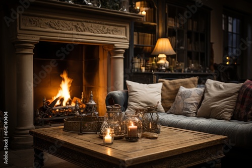 cozy cottage with a fireplace and a comfortable sofa with brown blankets © jechm