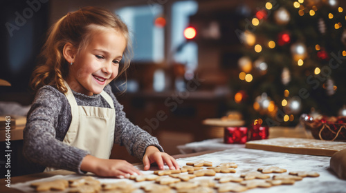 Cute little girl making gingerbread cookies in the kitchen at home